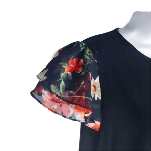 Faith and  Joy by Mondeau Top Layered Ruffle Capped Sleeves Floral Black M - Picture 3 of 8